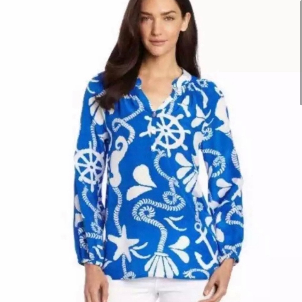 Lilly Pulitzer Elsa Schooner Blue Dock Hopper Silk Long Sleeve Blouse Sz XS